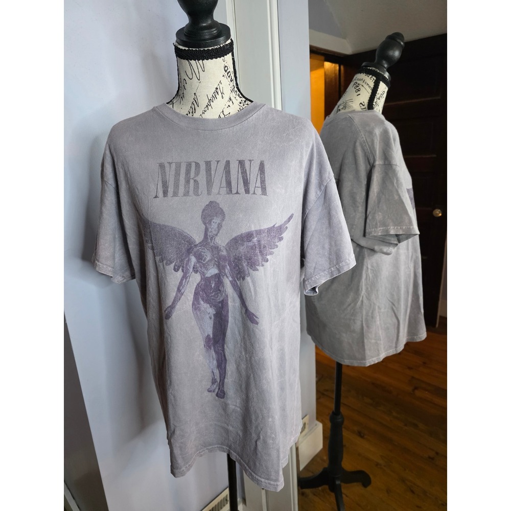 Rare Nirvana In Utero Tour Graphic T-Shirt Grey Mineral Wash Rock Band Tee Large
